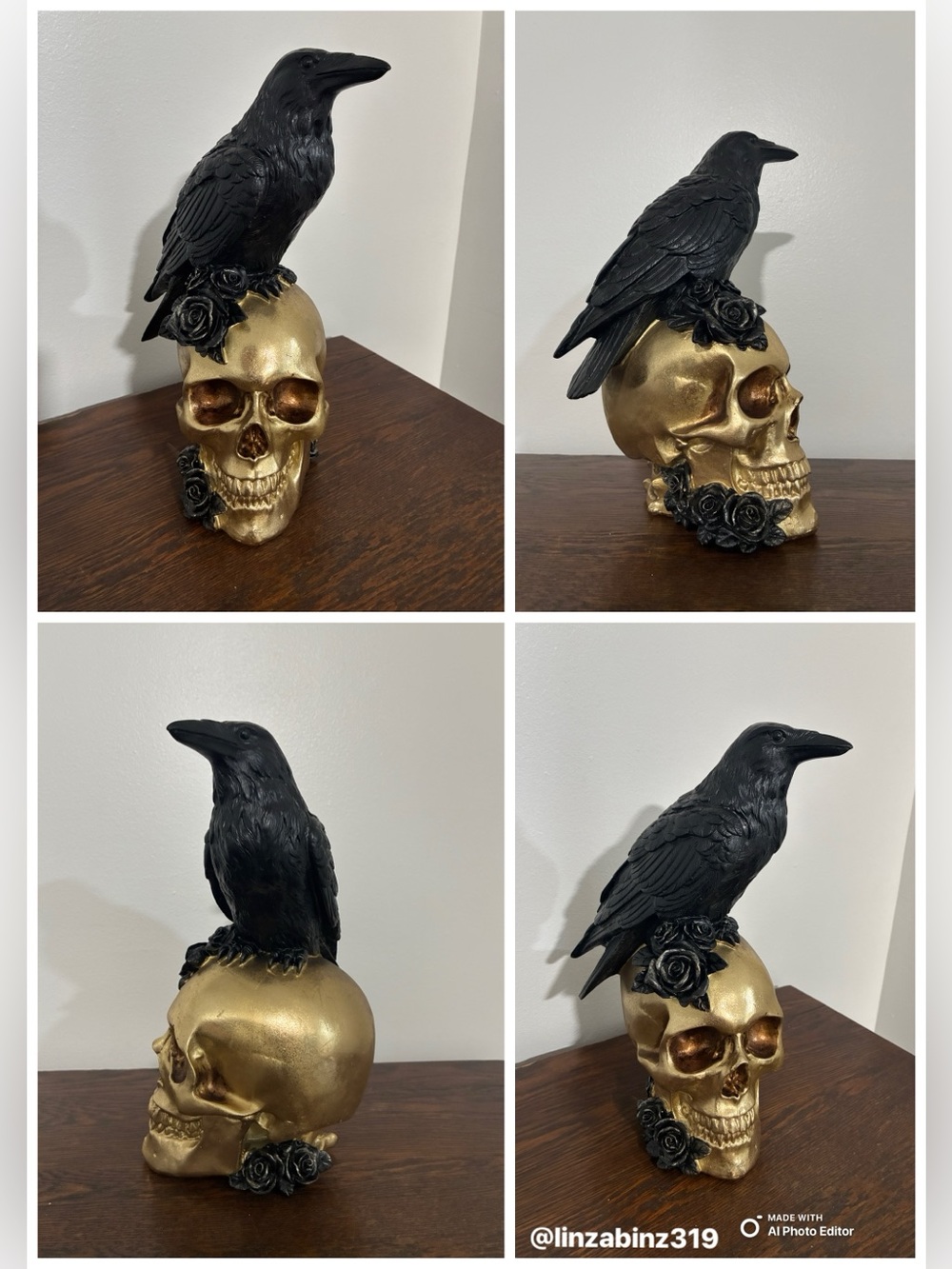 NWT- Large- Black Raven on Gold Skull with Black Roses- Decoration